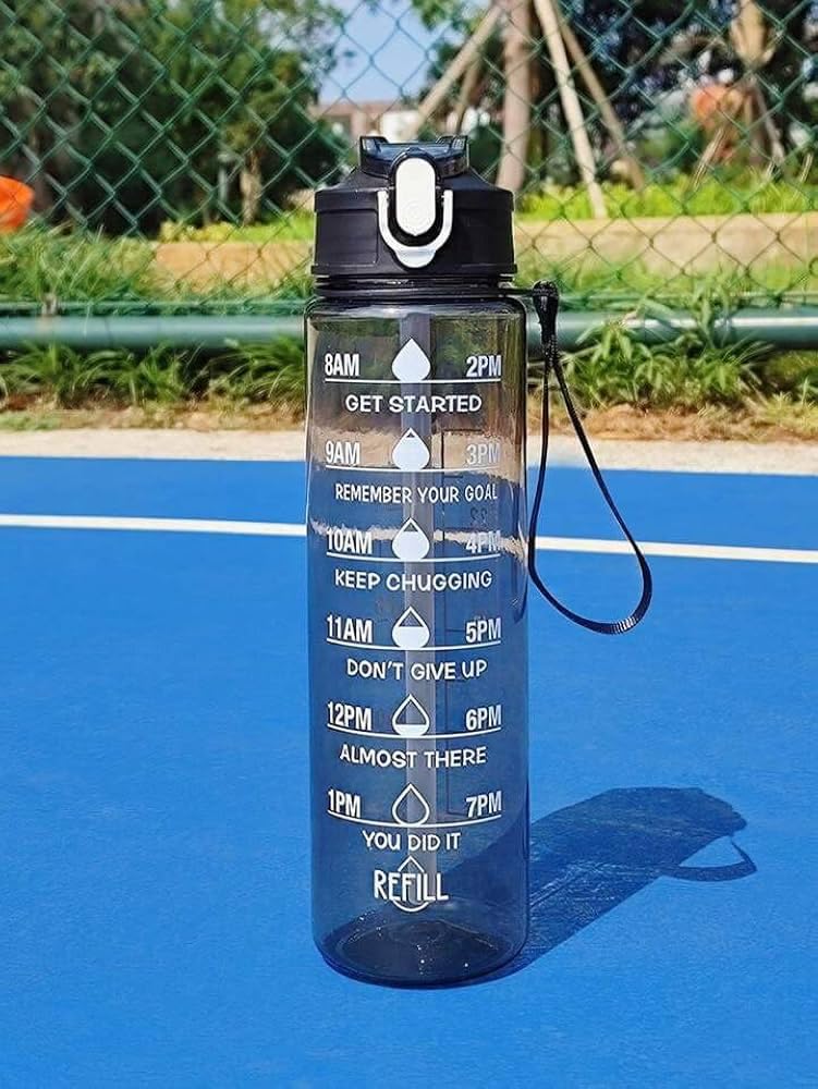 Motivational Water Bottle with Time Markers, 1L Capacity, Hourly Hydration Tracker, Black Flip-Top Lid