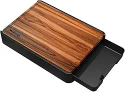 Tábua De Corte Carne Madeira Teca Com Suporte E Gaveta Preto Churrasco Churrasqueira Multiuso Resistente