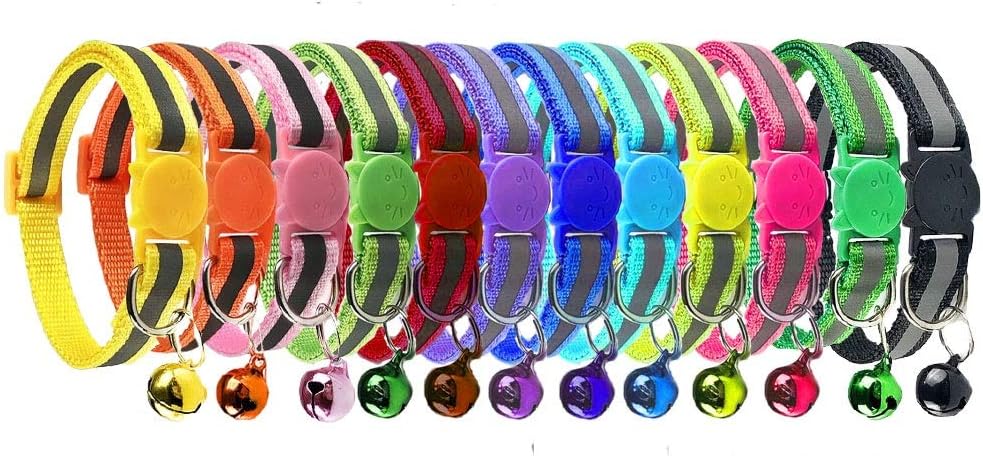 Cluos 12 PACK Reflective Cat Collars Quick Release with Bell Safety Nylon Kitten Collars Adjustable 19-32cm