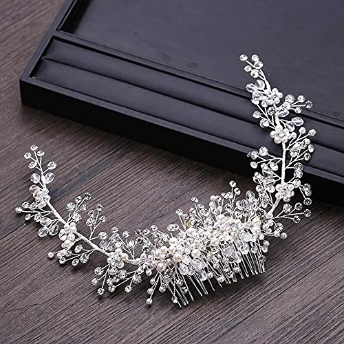 Tiara de cristal y perlas JFDBGU para novia peinado con peine de boda elegante 3