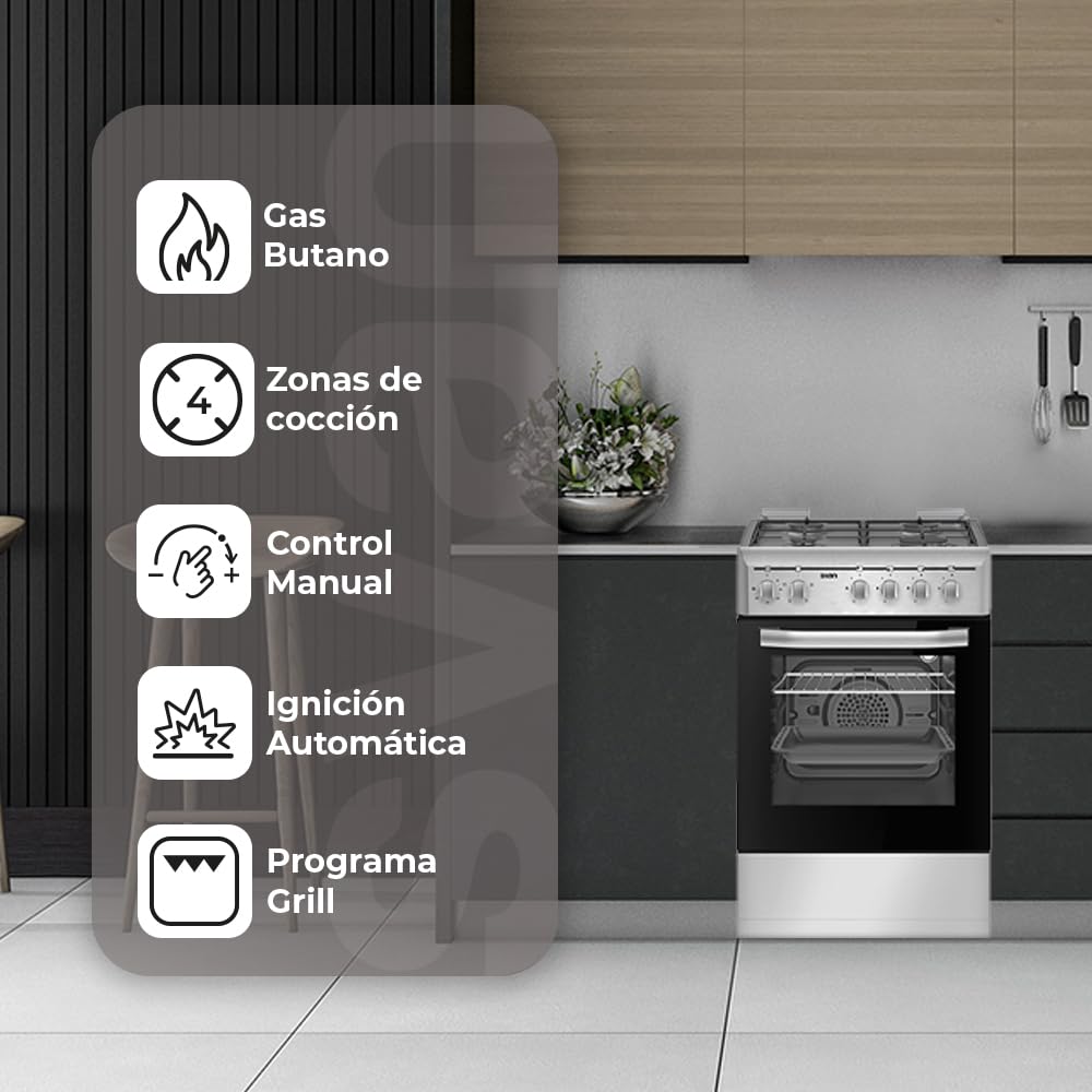 Svan Cocina Mixta gas Butano 4 Zonas Inox SKM4500X. Kit Conversión Gas Natural, Acabado en Inox