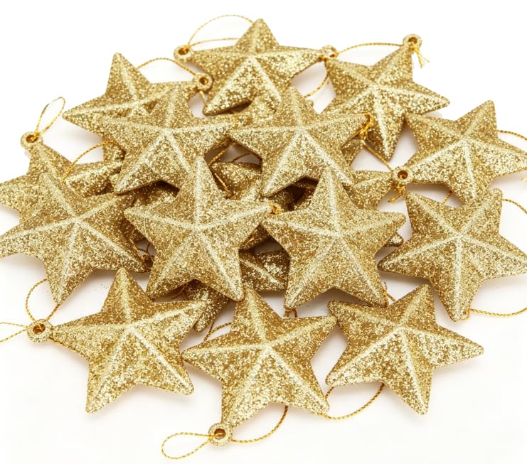 12 Gold Glitter Star Decorations, 7.5cm Christmas Tree Hanging Ornaments