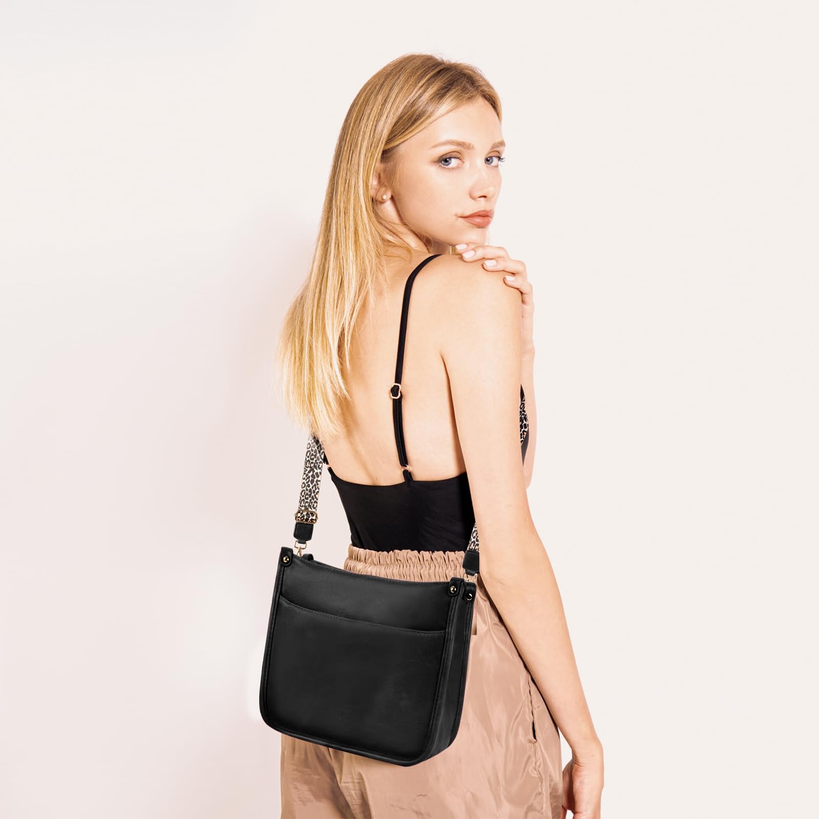 KOGTLA Women's Crossbody Shoulder Bag with Leopard Guitar Strap,Vegan Leather Purse Handbag Bucket Tote Bag Black