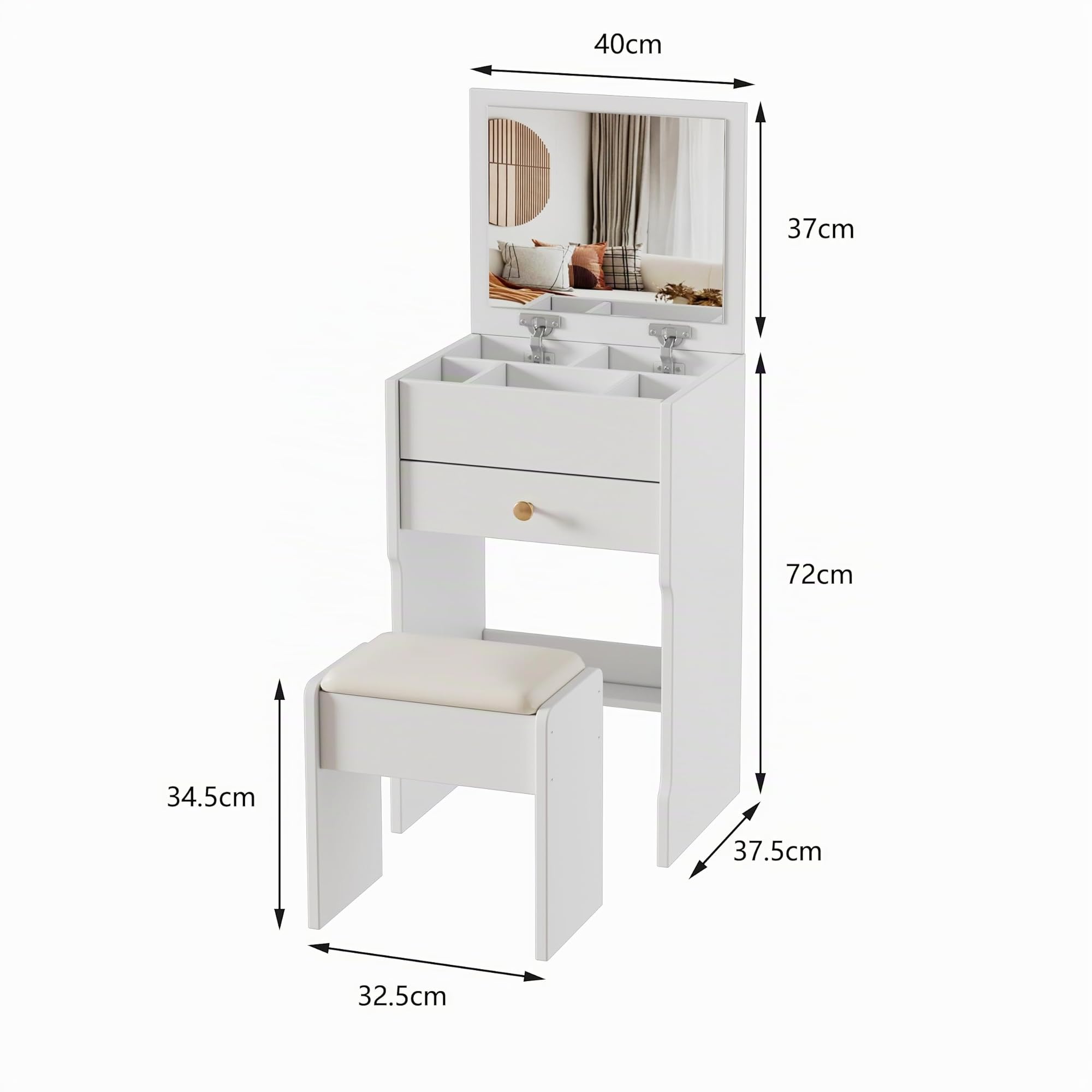 MSFE Tocador 3 en 1 con espejo, pequeño tocador de maquillaje moderno con taburete, tocador pequeño con taburete, cajones y caja de almacenamiento, 37,5 x 40 x 109 cm