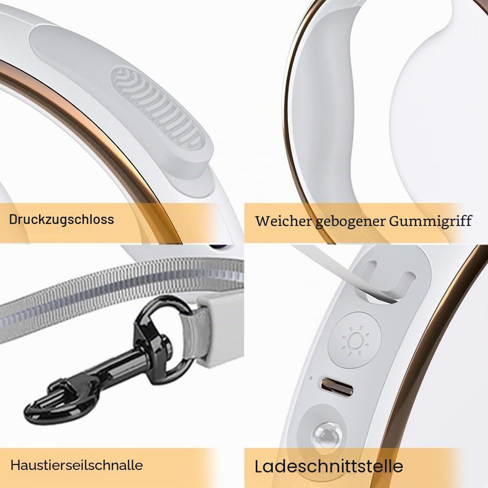 Einziehbare Hundeleine, 9,8 Fuß Längen Hunde Rollleine, 360 ° drehbar Abrollleine mit hellem LED-Licht und Hundekotbeutelspender für Haustiere bis 15 kg (Weiß)