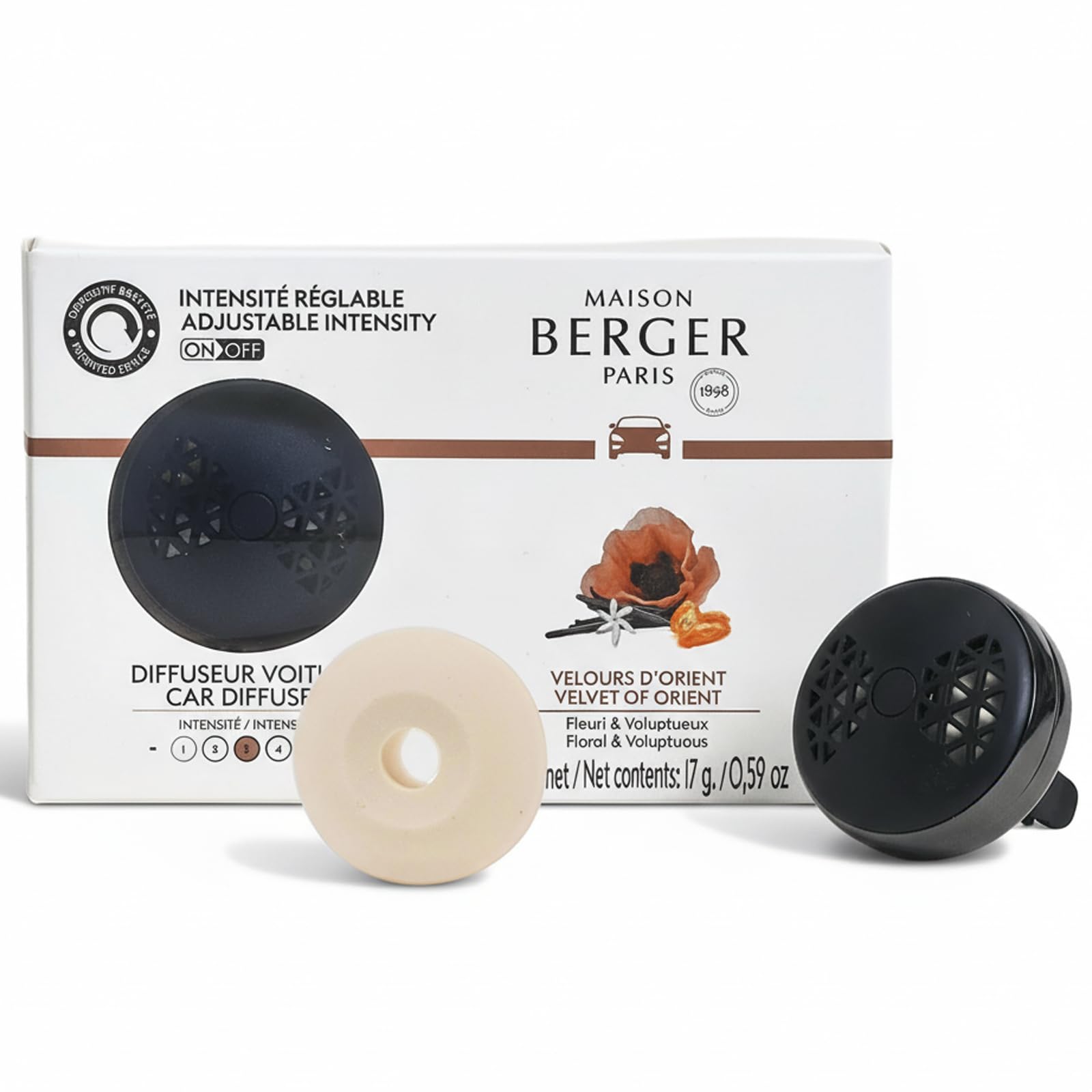Maison Berger Auto Diffusor Set - Nachfüllbarer Entlüftungsclip Keramik Nachfüller Made in France - Luxus Auto Duft - 4 Wochen Diffusion - Eleganter Lufterfrischer für alle Auto-Lüftungsöffnungen