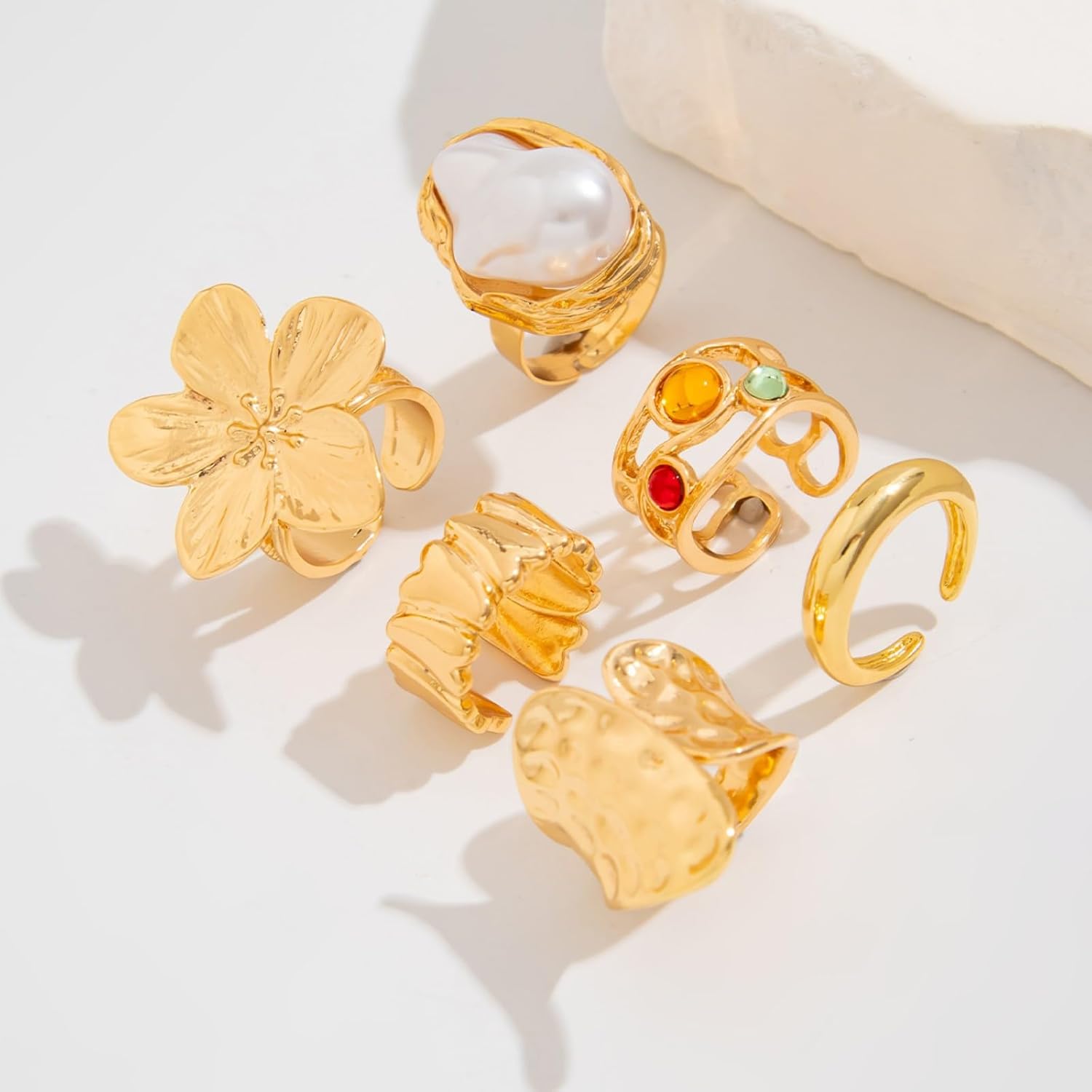Chunky Gold Rings for Women Non Tarnish 6 PCS Vintage Stackable Flower Baroque Pearl Rhinestone Rings set Adjustable Trendy Statement Jewelry - Image 5