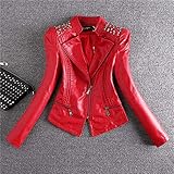 SCLDX Damen Lederjacke,Mode Motorrad Cool Lederjacke Frauen Niet Reißverschlüsse Biker Ledermantel Damen Oberbekleidung Plus Size Schlank Reißverschluss Kurz Biker Mantel Mantel Tops, Rot, M.