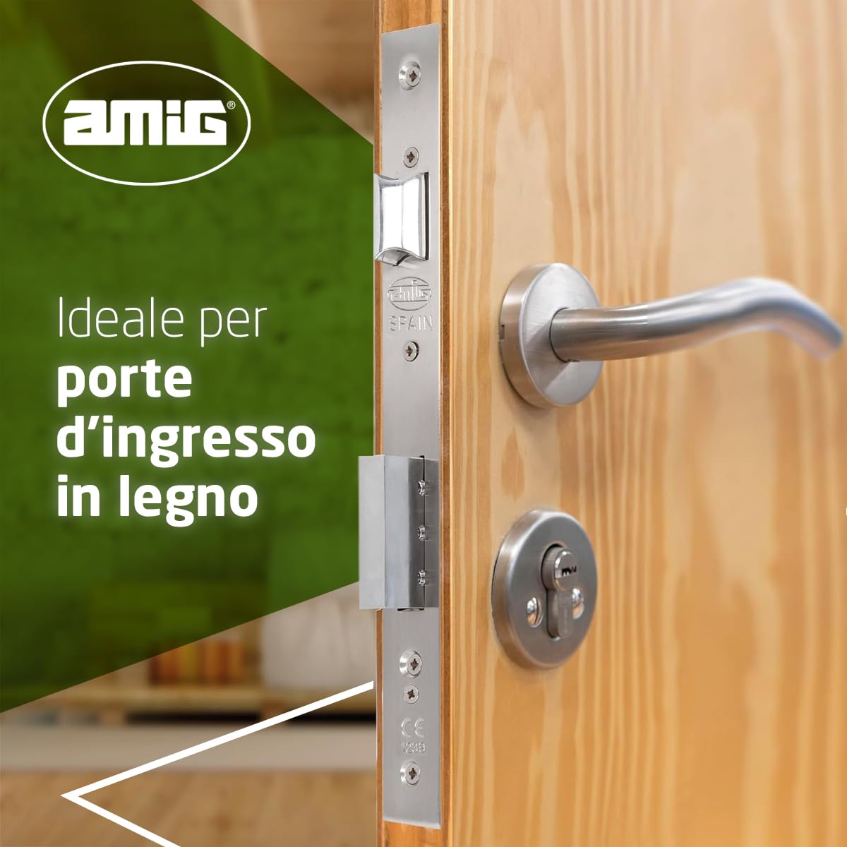 Amig - Serratura da Incasso per Porte d’Ingresso in Legno - Cilindro di Sicurezza, Bocchetta e 5 Chiavi Incluse - Per Maniglie con Quadro da 8 mm - Acciaio - Cromato