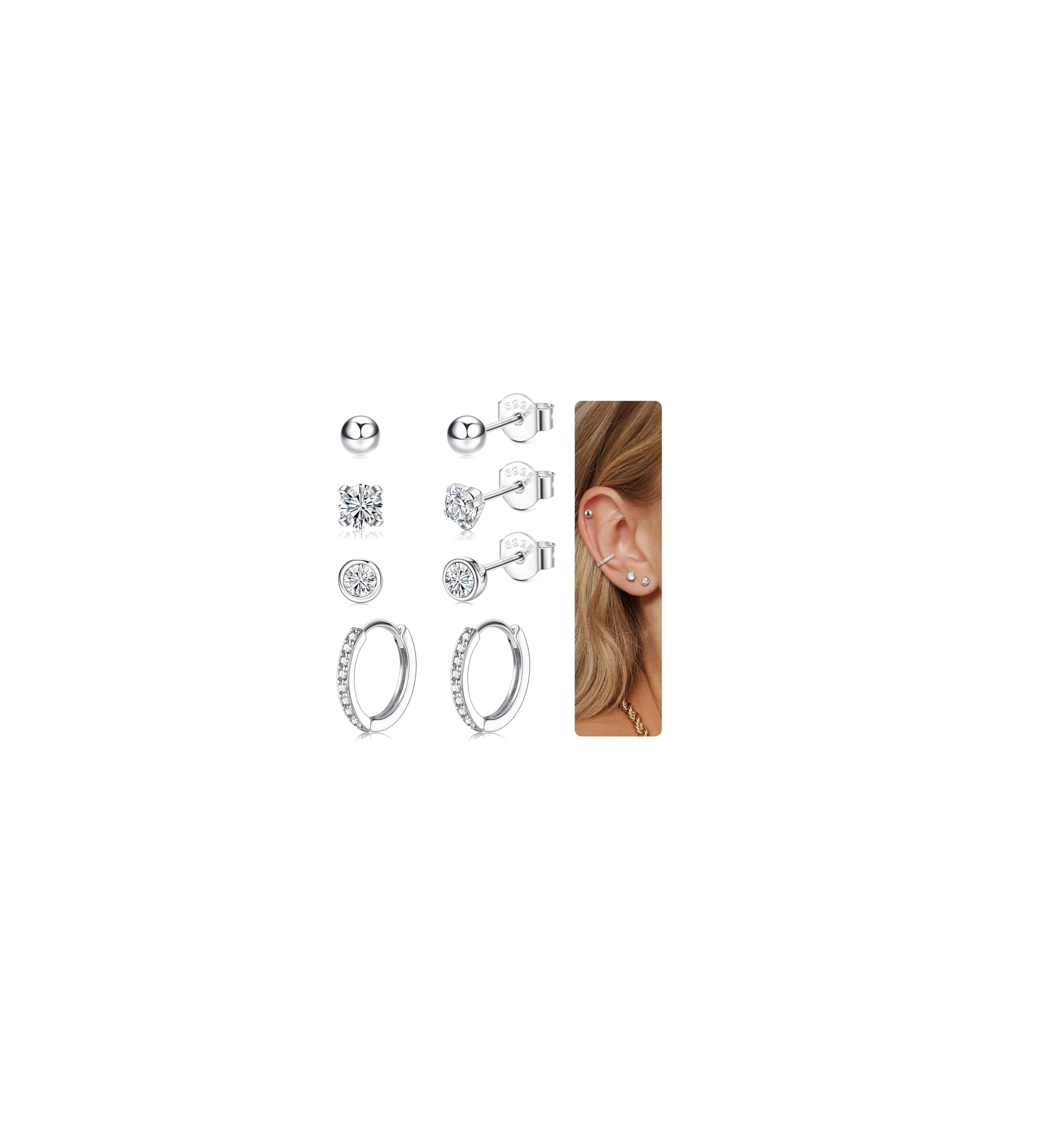 CASSIECA 4 Pares Pendientes Plata de Ley 925 para Mujer Niñas aros circoniña pendientes pequeño pendientes Cartílago Pendientes Hipoalergénicos Piercing Oreja Joyería