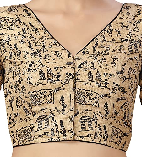 Image of Studio Shringaar Women's Readymade Polyester WarliArt Saree Blouse with Elbow Length Sleeve
