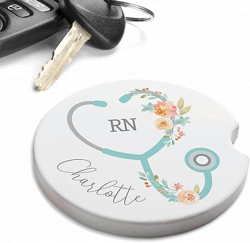 Miniatura 5 de Personalized Planet Posavasos redondo para el estetoscopio floral con nombre personalizado y título impreso en piedra arenisca IronClad para