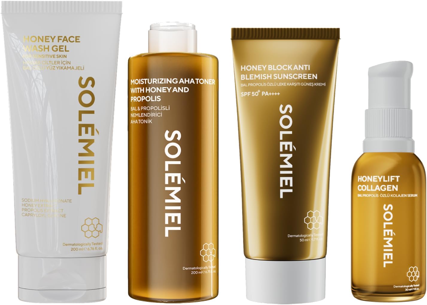 Solémiel 4'lü Cam Cilt Bakım Seti - Yüz Yıkama Jeli, AHA Tonik, Kolajen Serum ve Leke Karşıtı Güneş Kremi SPF 50+ - Bal ve Propolis İçeren Aydınlatıcı Günlük Rutin