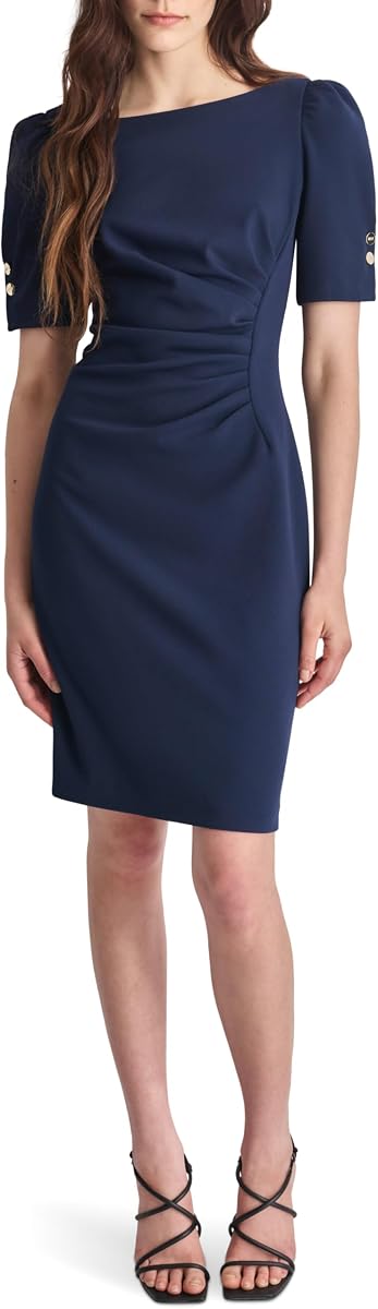 Vestido tubo de manga corta fruncido hasta la rodilla con detalle de botón para mujer
