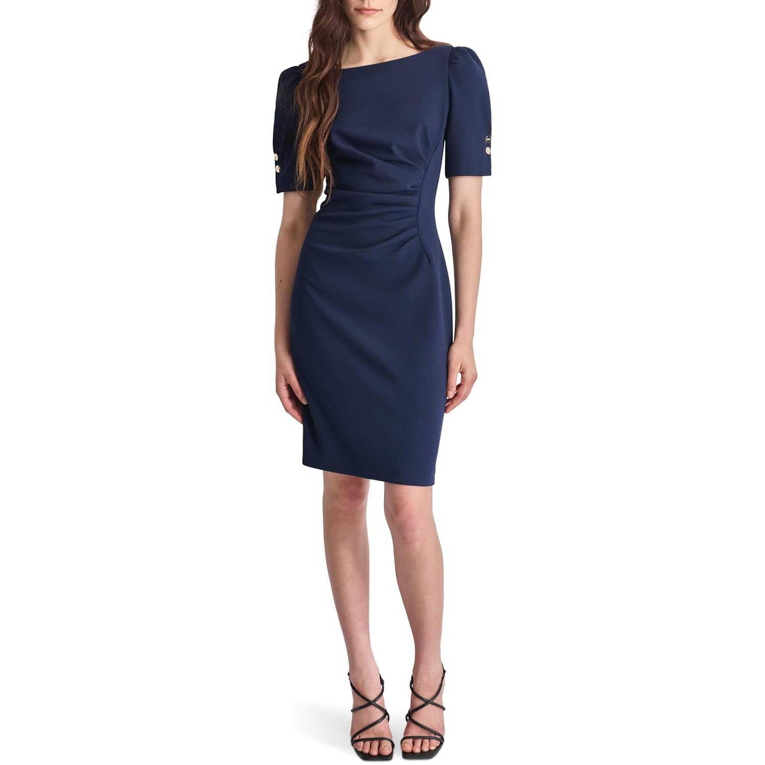 DKNY Women's Button Short Sleeve Ruched Sheath Dress