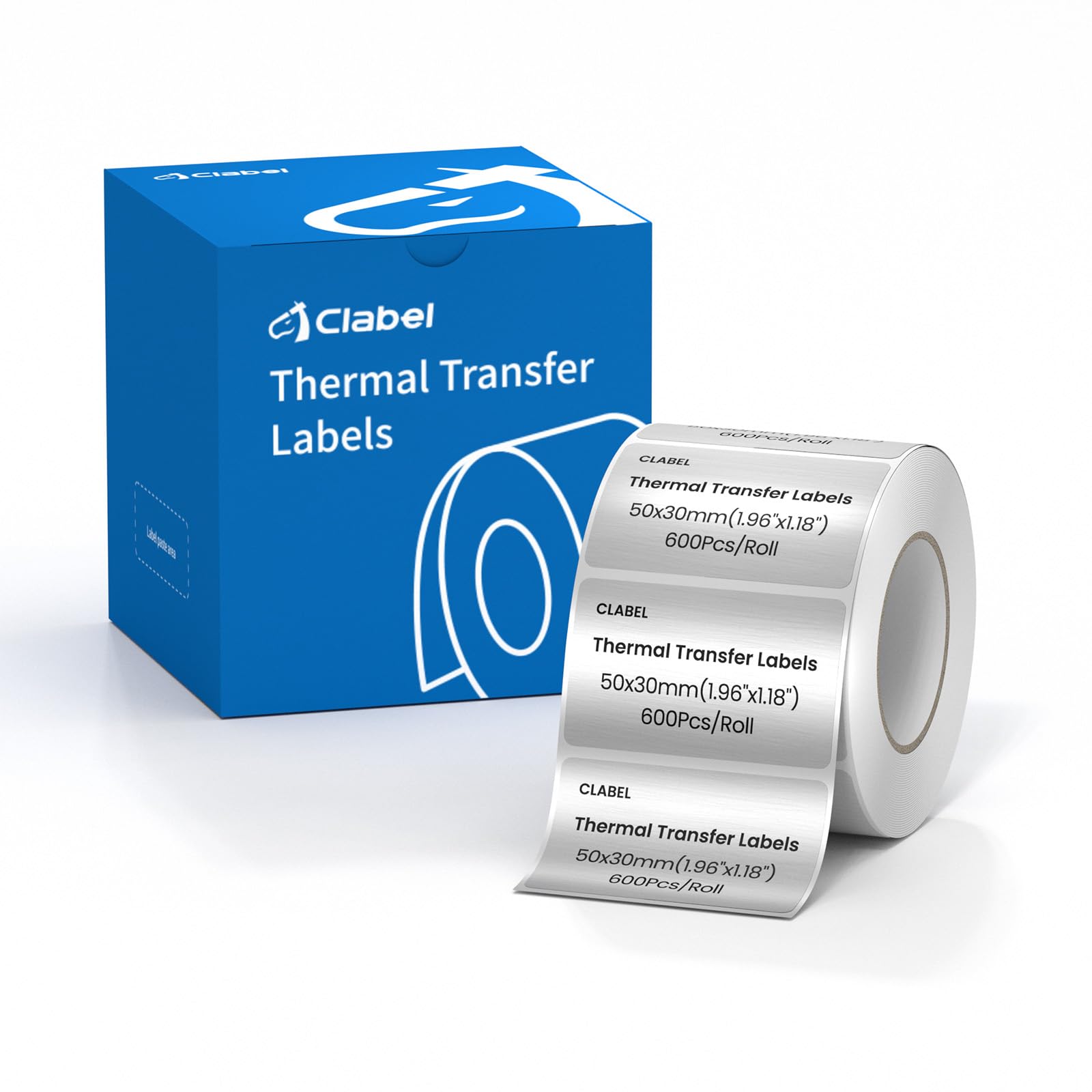 Clabel Thermal Transfer Silver PET Labels 1.97 x 1.18 in (50 x 30 mm) for Barcode and Asset Identification, 600 Labels per Roll, Compatible with Thermal Transfer Printers