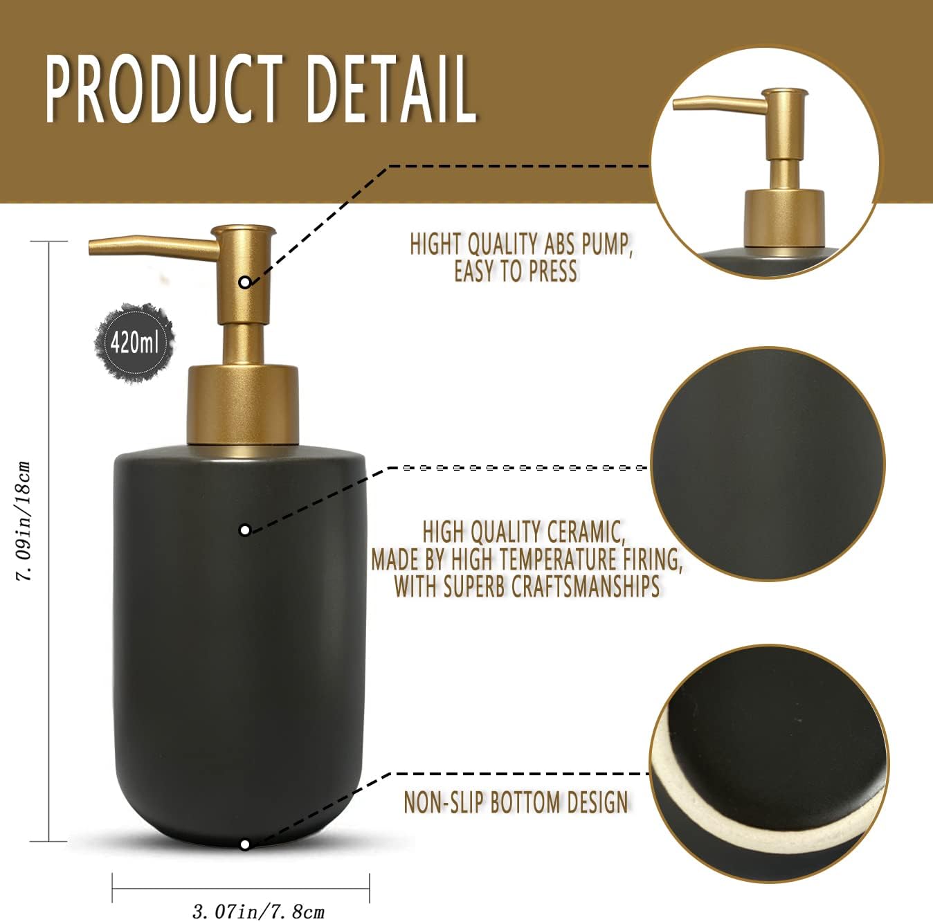 Liquid Soap Dispenser for Bathroom with Gold Pump，Dish Soap Dispenser for Kitchen Sink，Refillable Countertop Lotion Ceramics Black Hand Soap Dispenser for Shower 420ml (Cylindrical Black Bottle) : Home & Kitchen
