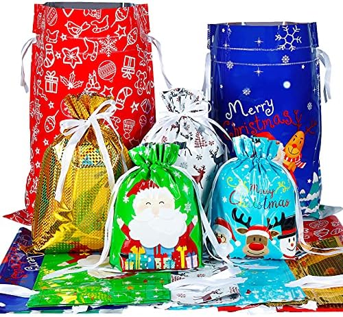 30PCS Christmas Drawstring Gift Bags, 6 Designs and 4 Sizes Reusable christmas gift bags with Ribbon Xmas bags for Presents Birthday Party Favor