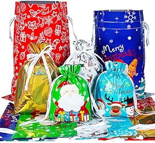 30PCS Christmas Drawstring Gift Bags, 6 Designs and 4 Sizes Reusable christmas gift bags with Ribbon Xmas bags for Presents Birthday Party Favor