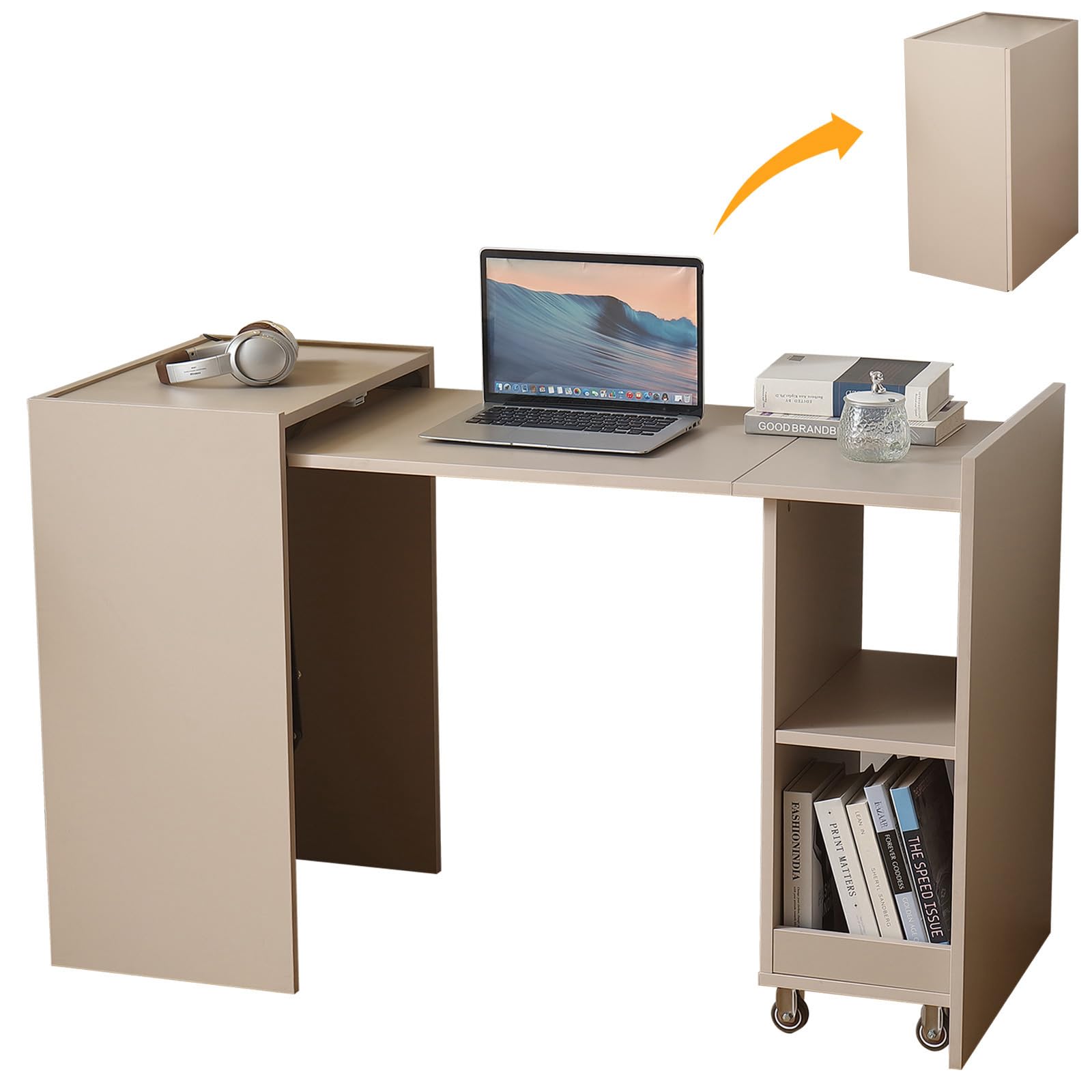 折りたたみデスク　ベージュ Amazon｜FUNROLUX 折りたたみデスク 多機能机 pc 作業台 収納棚付き