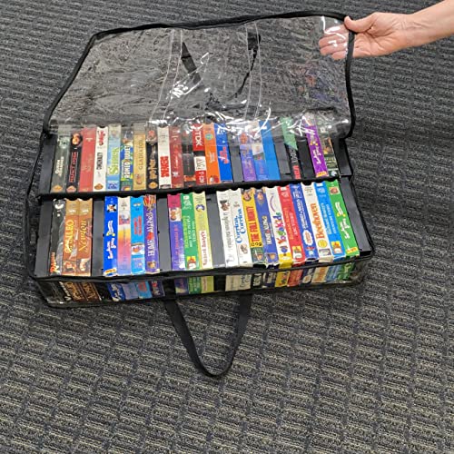 Evelots VHS Movie Tape Storage Bag/Case, Clear PVC Plastic-Holds 50 Total, Strong Handles-Protects from Dirt/Moisture/Dust