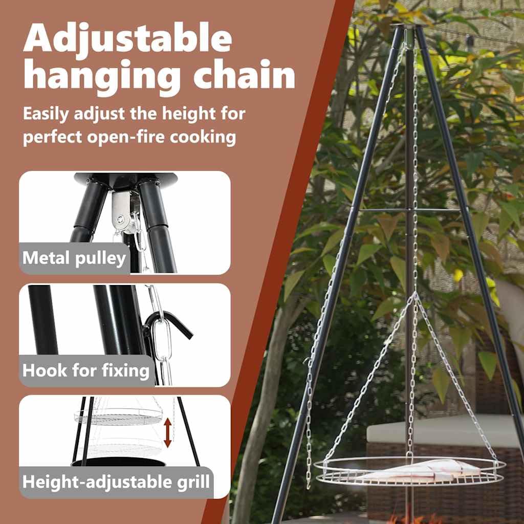 vidaXL Trípode para Fogata 3 pcs Negro Acero, Jardín y Terraza, trípode Triangular para Acampar, Soporte de Cocina Ajustable, Soporte de Fuego, Equipo portátil