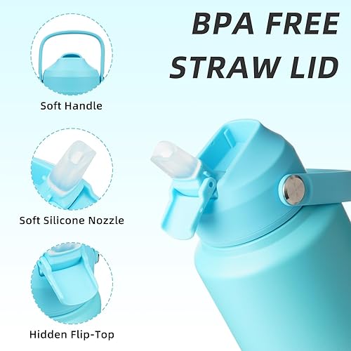 Miniatura 2 de BJPKPK Botella de agua con tapa con pajilla, botellas de agua aisladas al vacío de 32 onzas, termo de acero inoxidable de metal para deportes,