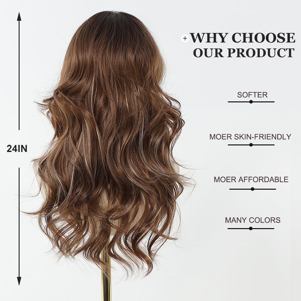 Esmee Perruque Marron Longue et Droite pour Femmes Perruque à Frange en Cheveux Synthétiques Layered pour Soirée Cosplay Quotidienne