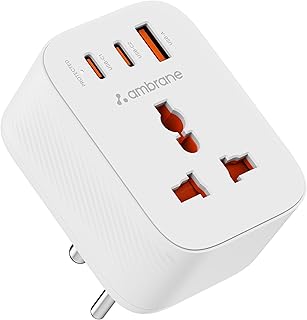 Ambrane 33W Fast Charging MultiPort Wall Adapter with Universal 2500W AC Socket for MacBook, Type-C Laptops, Android & iPh Price In India