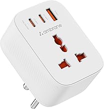 Ambrane 33W Fast Charging MultiPort Wall Adapter with Universal 2500W AC Socket for MacBook, Type-C Laptops, Android &amp; iPh
