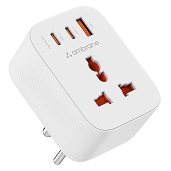Ambrane 33W Fast Charging MultiPort Wall Adapter with Universal 2500W AC Socket for MacBook, Type-C Laptops, Android & iPhone Devices,Compact with PD & QC 3.0 (Charge X33 White)