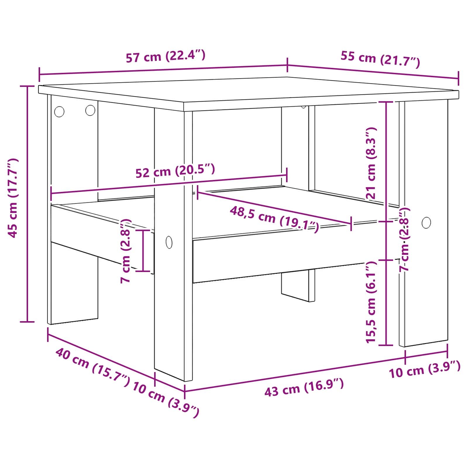 Tavolino da salotto in legno vecchio rettangolare 57 x 55 x 45 cm con ripiano contenitore, mobiletto moderno per soggiorno, salotto, ufficio, camera, angolo decorazione salvaspazio