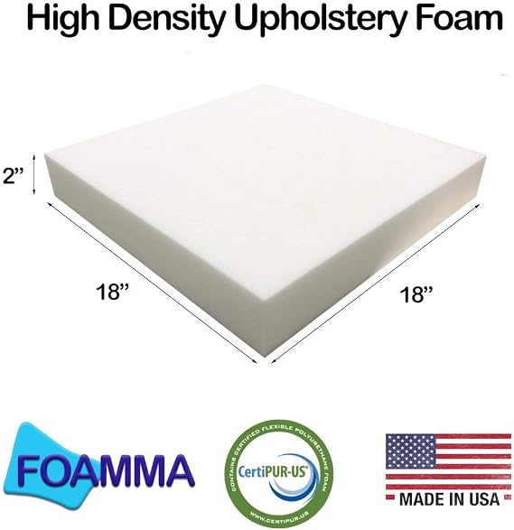 Foamma 1-Pack 2 x 18 x 18 High Density Upholstery Foam, Chair Cushion Square Foam for Dining Chairs, Wheelchair Seat Cushion Replacement
