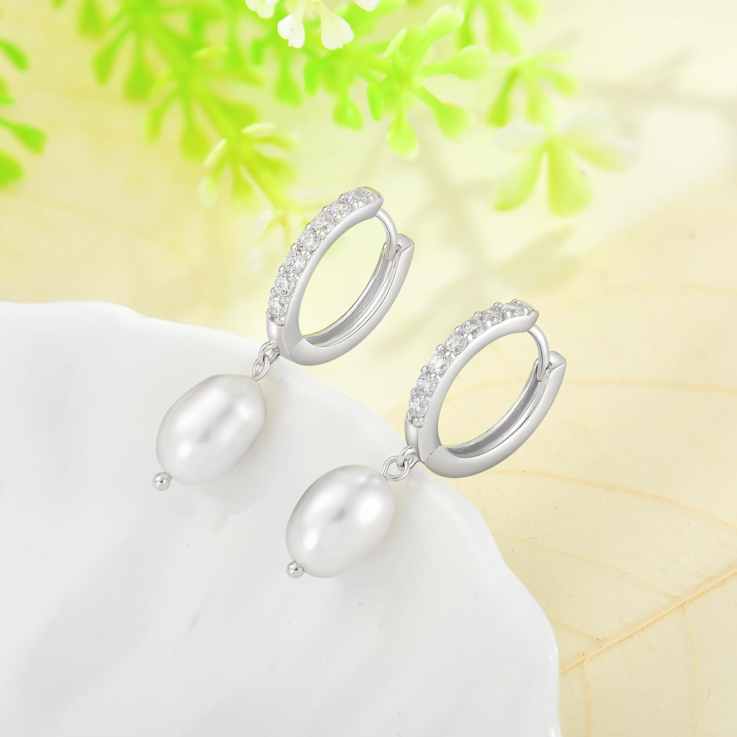 Pearl Earring Huggie Hoop Earrings for Women 925 Sterling Silver Earrings Cubic Zirconia Dangle Drop Earrings Jewelry for Her - Image 2