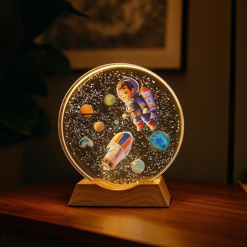 Space Astronaut 3D Acrylic Night Lamp with Wooden Base | Rocket & Planet Design LED Light for Kids Room, Bedroom & Home Décor | Warm White USB Powered Bedside Lamp Gift for Boys & Girls