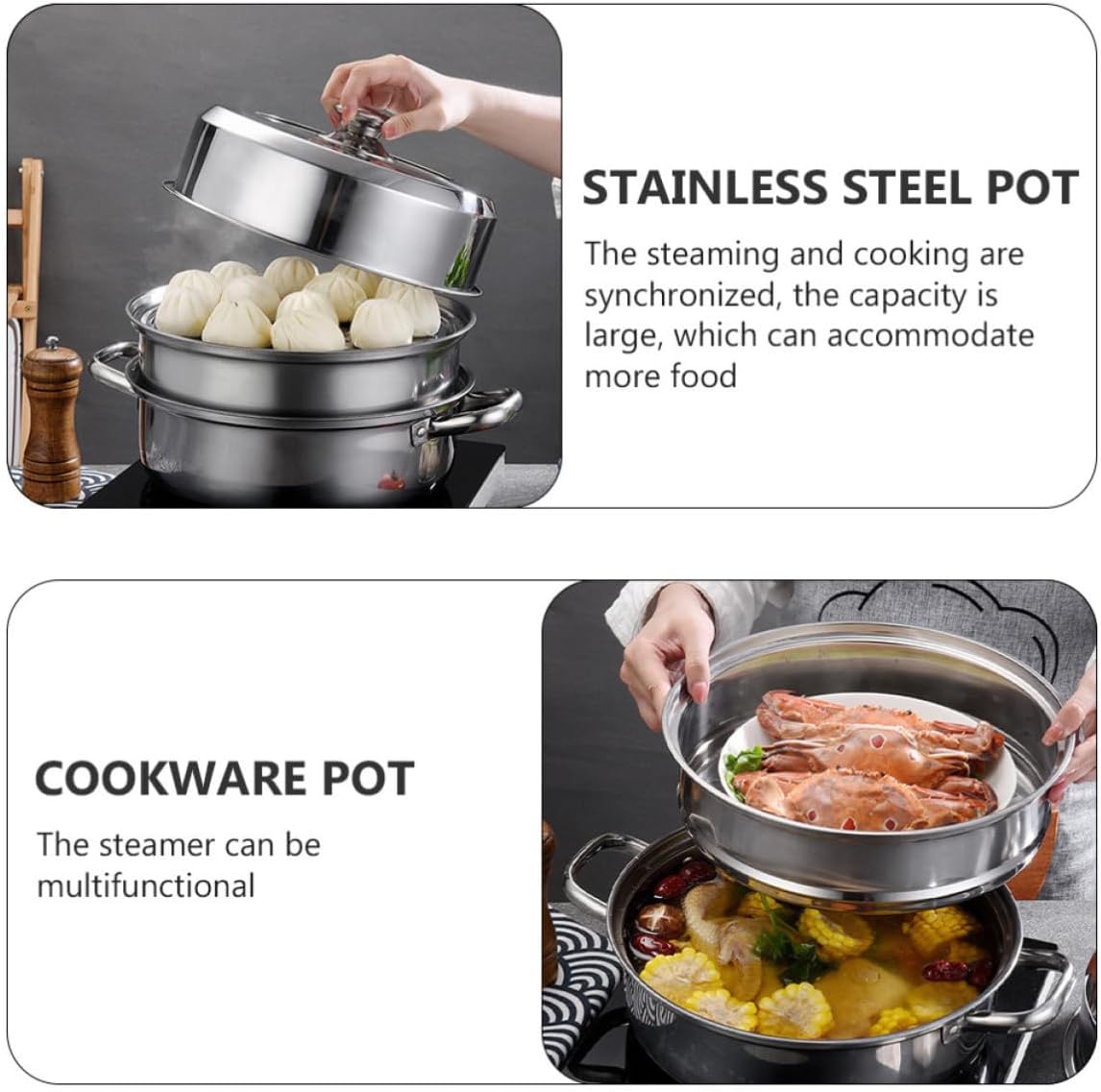 TOYANDONA Steam Pot Rustproof and High Temperature Resistant Stainless Steel with Two Handles Soup Steamer Cookware Pot for Home Use