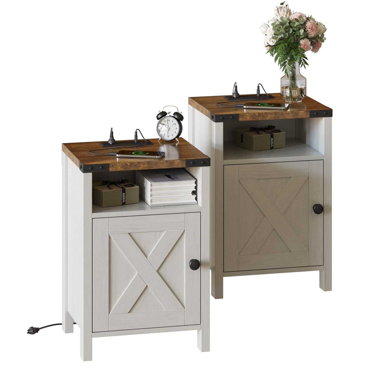 Fameill Farmhouse End Tables Set of 2, Nightstands with Charging Station, Bedside Tables with Barn Door and Open Compartment, Rustic Living Room