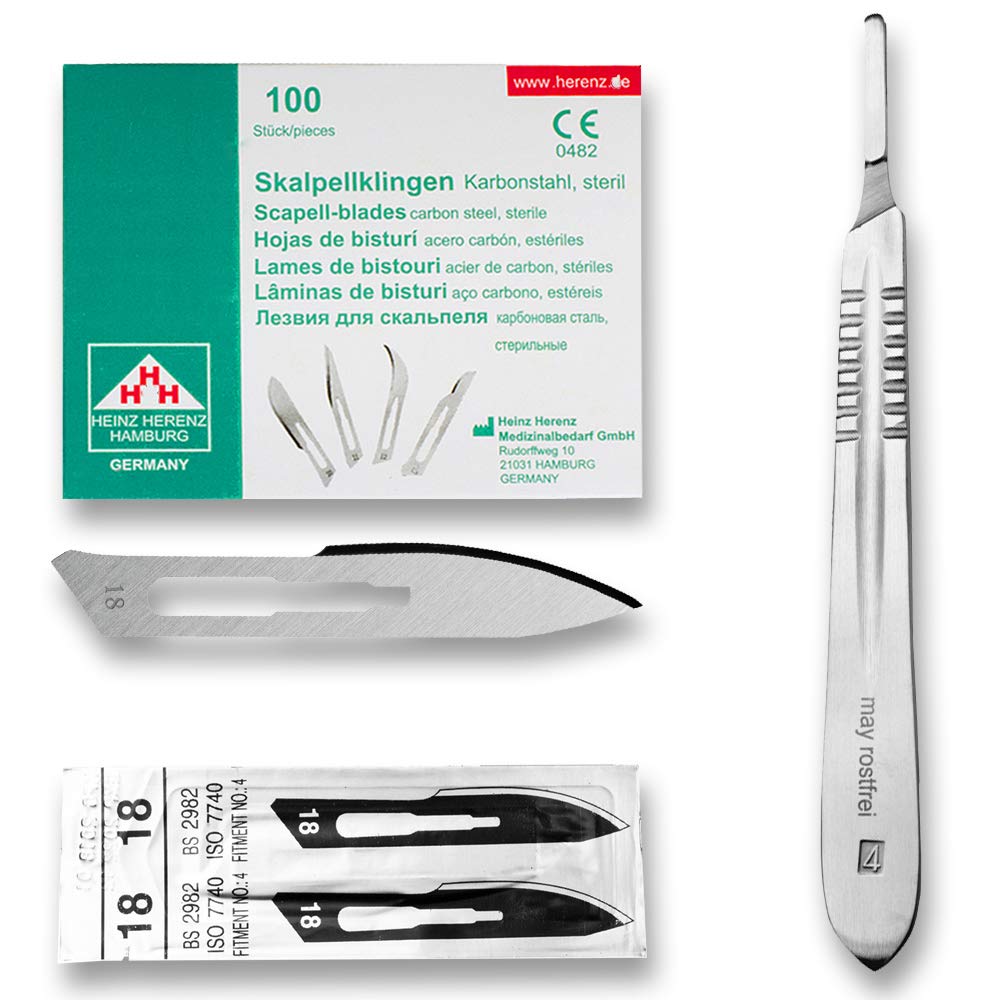 Set - 100 piezas hojas de bisturí No. 18 y mango de bisturí No. 4 - Hojas de repuesto para bisturí hechas de acero al carbono - Estéril