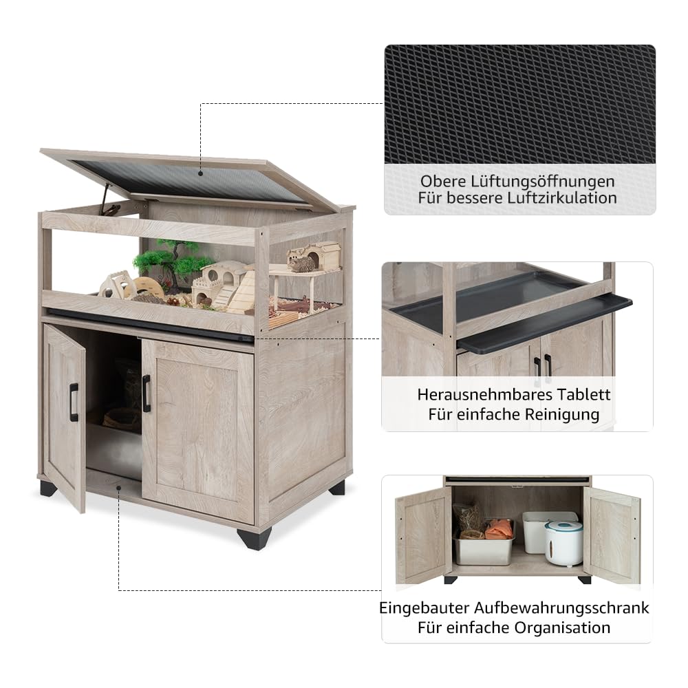unipaws Kleintierkäfig mit Aufbewahrungsschrank, transparenter Hamsterkäfig mit PVC, Meerschweinchen Käfig mit herausnehmbarer Schale, Gehege für Ratten und Kleintiere, Grau | Kleintierkäfig transparent PVC Sichtgehege transparent