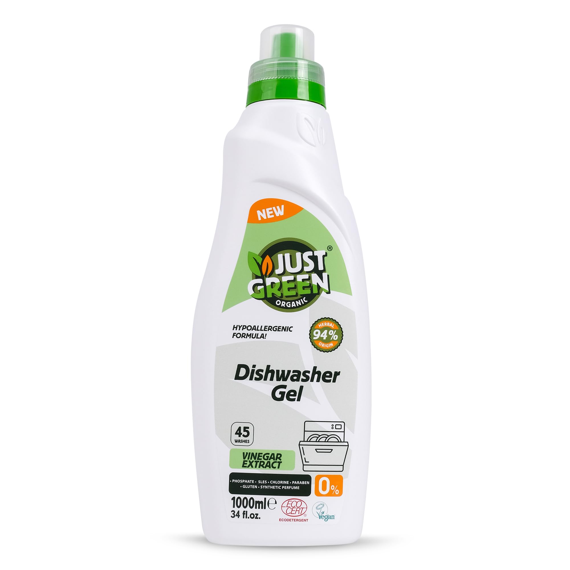 Just Green Organic Hypoallergenic Dishwasher Gel - High Performing Plant-Based Herbal Dishwashing Liquid for Greasy, Stained Dishes - Safe, Fast-Rinsing Dish Washing Liquid, 1000ml