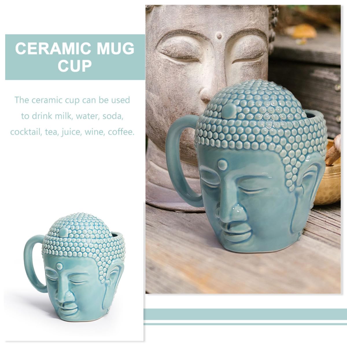 DOITOOL Tasse en Céramique 450ml Forme Tête de Bouddha avec Anse Antidérapante, Mug Créatif pour Boissons Chaudes et Froides à Domicile Boutique