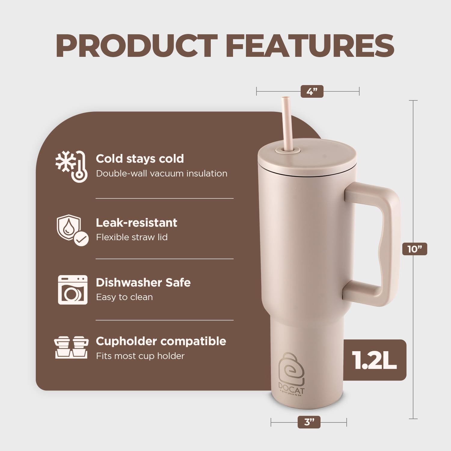 DOCAT 1200ML Stainless Steel Tumbler with Lid and Straw, Hot and Cold Double Insulated Sipper Mug, 100% Leak Proof Coffee Tumbler Cupholder for Office, Gym, Travelling (Oatmeal) 2