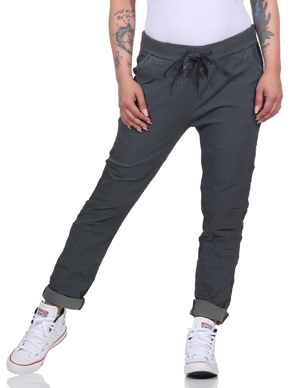 Pantaloni da jogging da donna in stile vintage, per tempo libero, sport e fitness 8115, grigio scuro, 46/50 IT