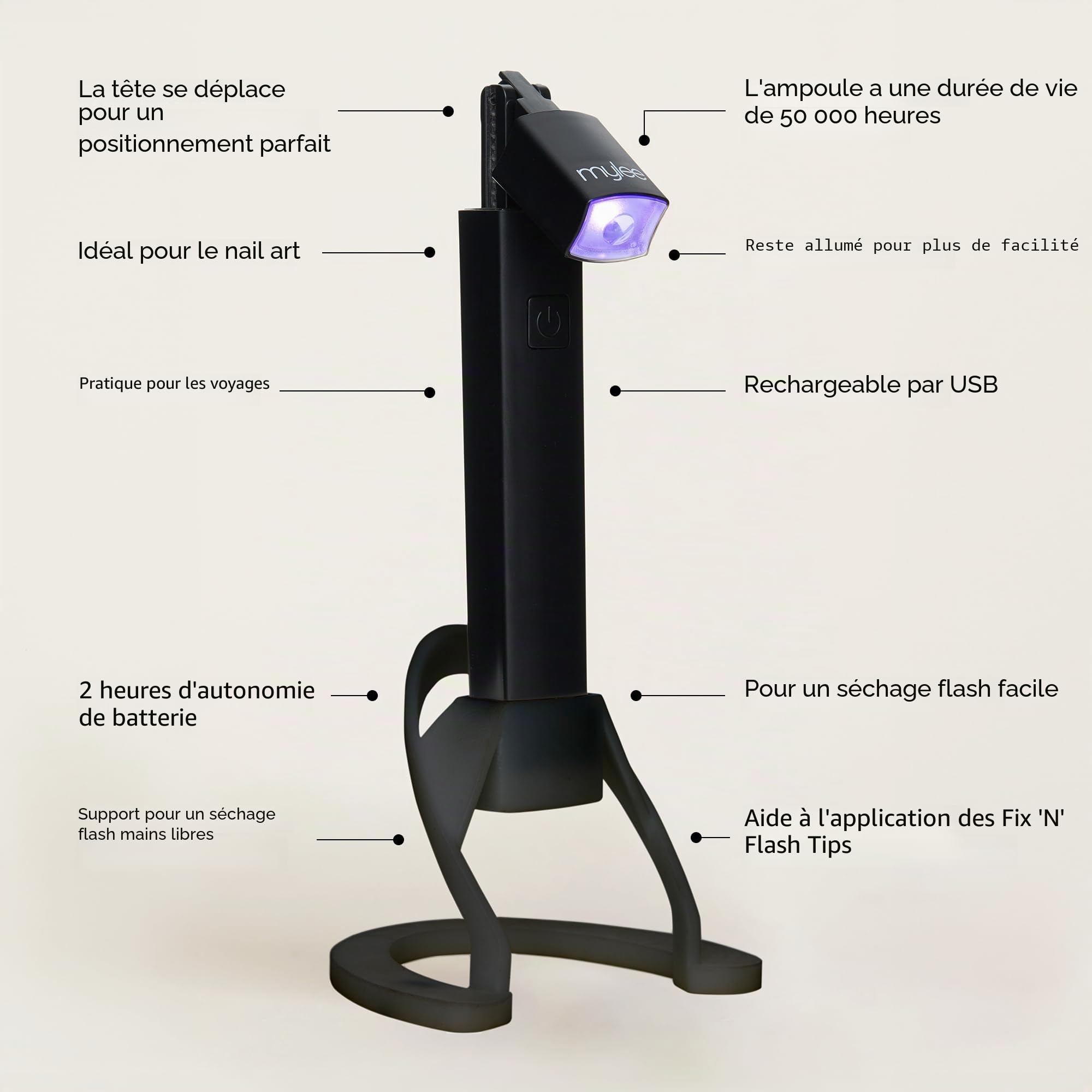 Mylee Torche LED Fix 'N' Flash : Lampe de poche pour la pose du vernis gel avec tête flexible, rechargeable par USB, utilisation mains libres - Usage à domicile, en déplacement et dans les salons