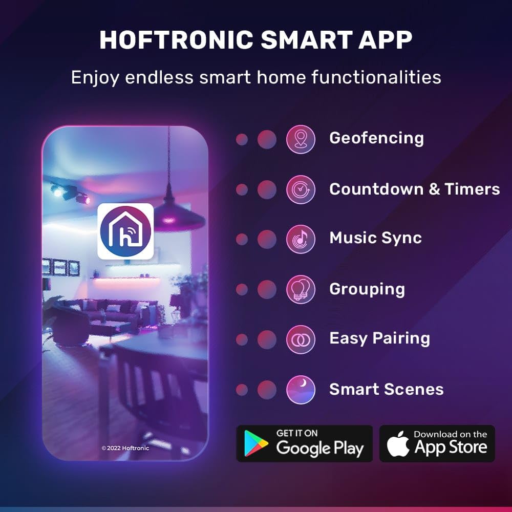 HOFTRONIC - 6er Smart E27 Lampe - Farbig RGBWW - WiFi und Bluetooth - 14 Watt 1400 Lumen - Dimmbar via App, Sprache via Google Home, Alexa und Siri