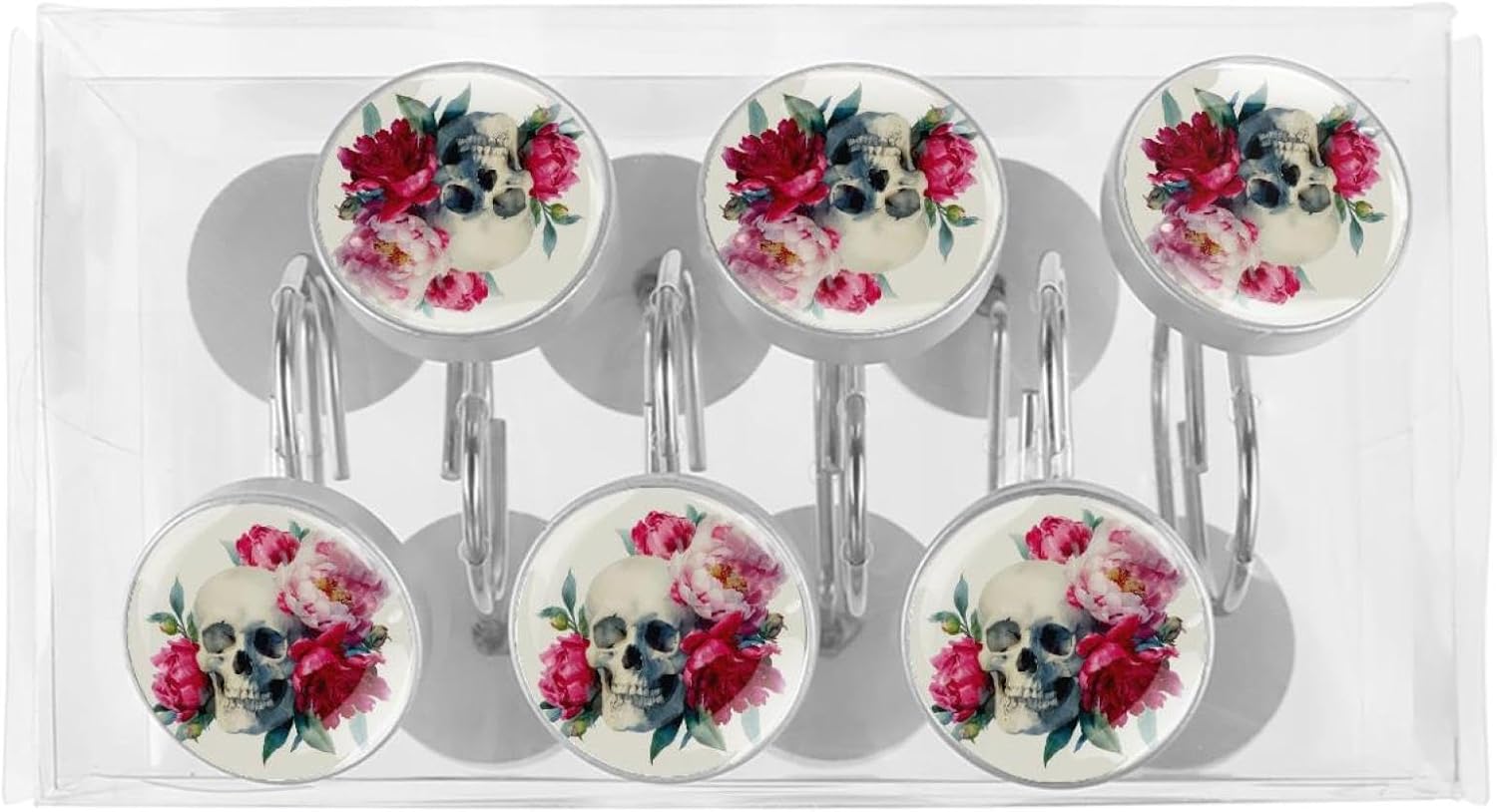 12 Pieces Watercolor Skull and Peonies Flowers (3) Shower Curtain Hooks Rings, Stainless Steel Shower Hook Hanger Rings for Bathroom Living Room Bedroom Home Decor