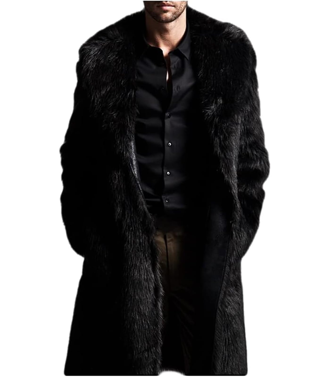 INVACHI Men's Faux Fur Coat Winter Long Faux Mink Coat Fluffy Thick Trench Coat for Men