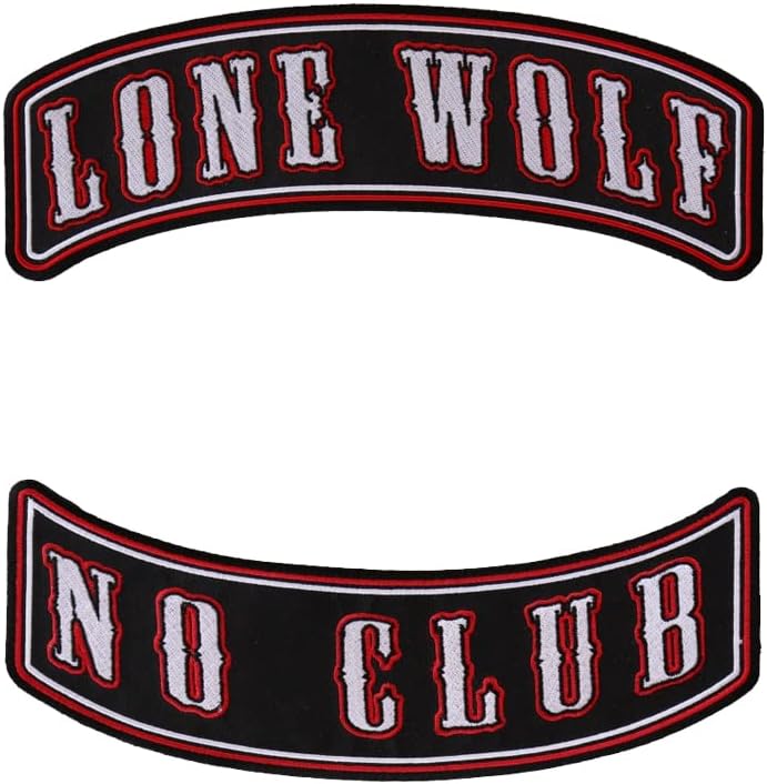 Rocker Back Patch Set (Top and Bottom), Embroidered Motorcycle Patches (Iron-On or Sew-On), Lone Wolf No Club, Nomad, Motorcycles, 10" x 4" Each