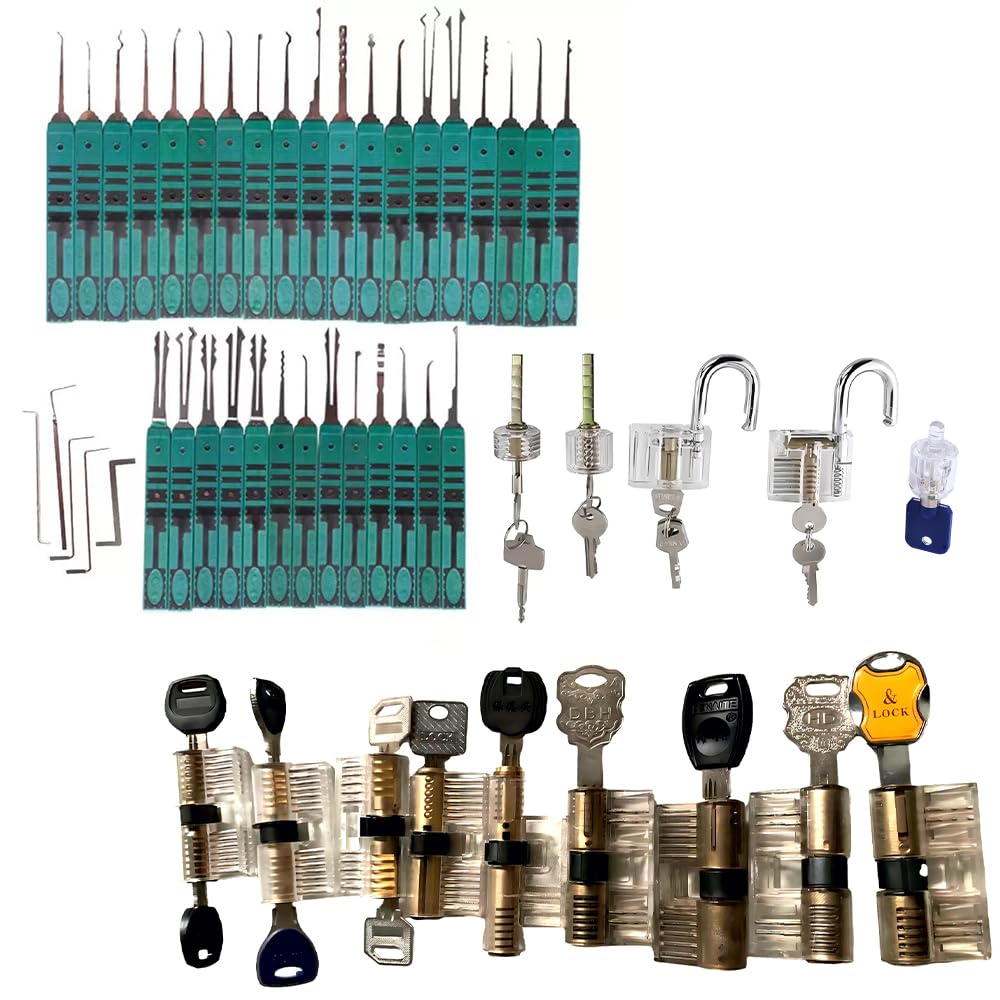 Professional Locksmith Tools Practice Set,14Pcs Transparent Lock Family with 32Pcs Lock Pick Training Kit