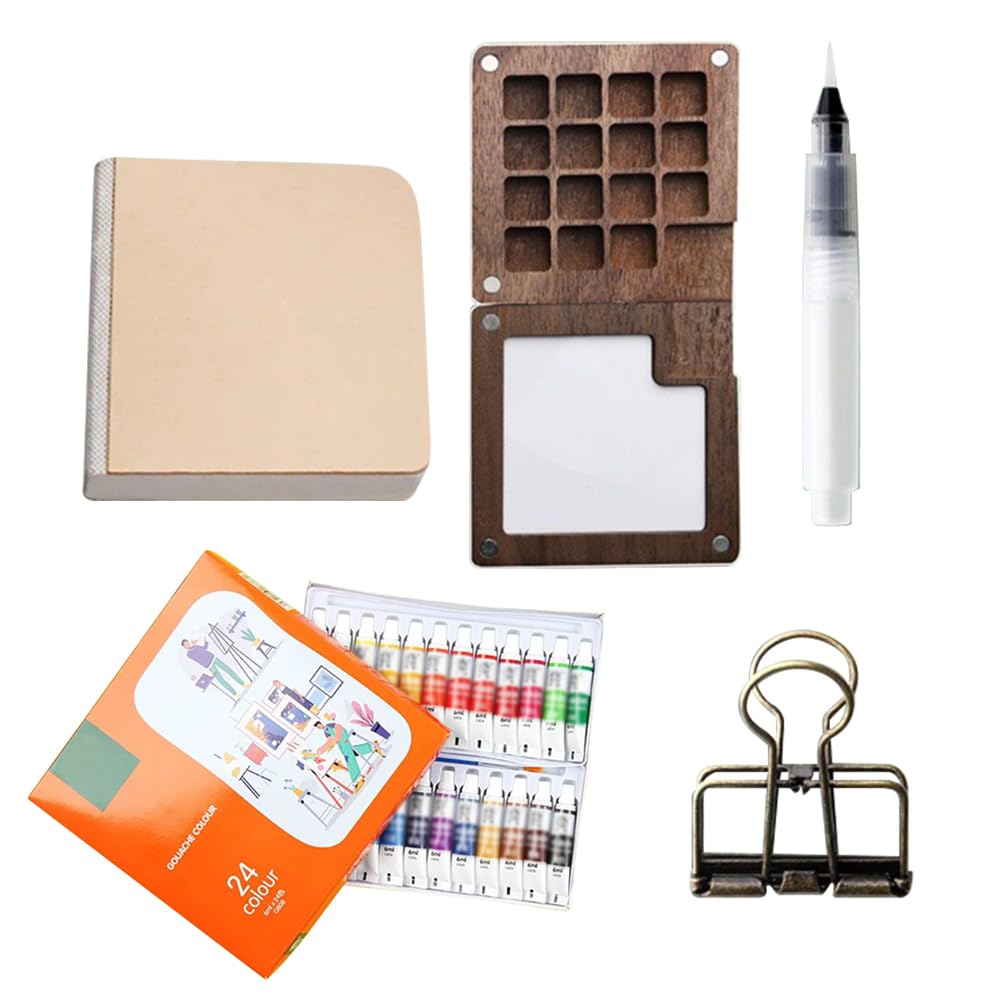 Paleta de acuarela portátil, paleta portátil de acuarela de bolsillo, paleta de pintura de madera con clip y pluma de acuarela, mini caja bandeja pintura de viaje para acuarela, gouache (15 rejillas)